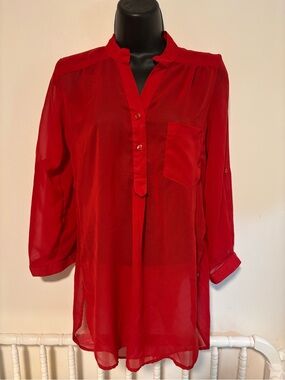 True Red Sheer Split-Neck Tunic Blouse 3/4 Sleeve